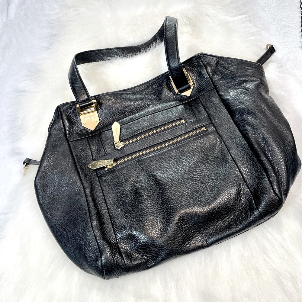 Perlina large, black genuine leather bag with gold hardware and purple interior